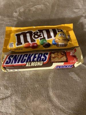 My favorites candy . M & M's Peanut Candy and SNICKERS NEW ALMOND KING SIZE Candy Bar.