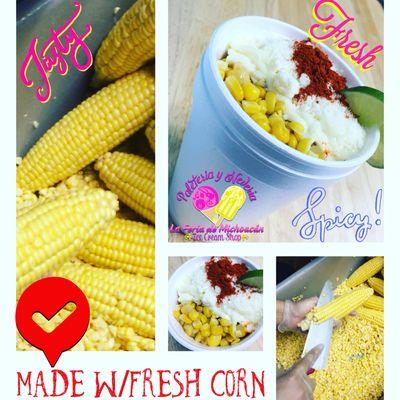 CORN IN A CUP!!!! Best known as Esquite!! Served in a cup/warm topped with mayonnaise, cheese, chili powder and a twist of lime juice.