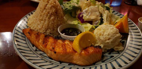 Salmon plate with brown rice, potato salad, miso dressing salad and miso soup!!