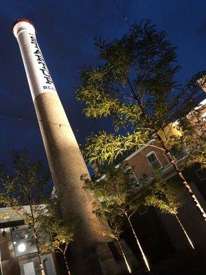 Cool courtyard, old smokestack from candy making days