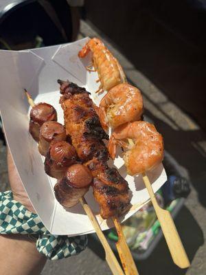 Bacon wrapped sausage, teriyaki chicken, & shrimp