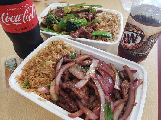 Mongolian beef, beef with garlic sauce and fried rice.