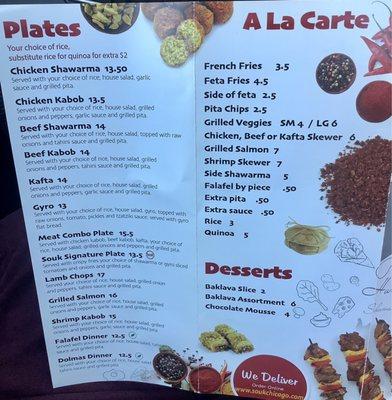 Note: the prices for plates are $2 less than the inside menu.