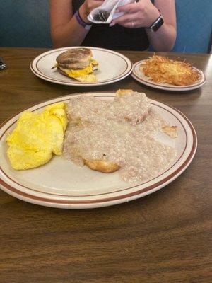 Biscuits and Sausage gravy, and Breakfast Sandwich with Hash Browns