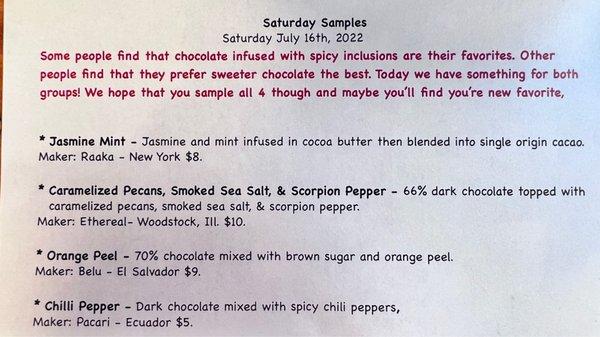 Chocolate sampling menu, complete with descriptions and origins for each kind.