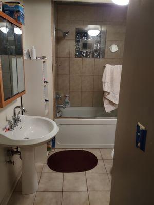 This is the before picture with tall soaker tub and glass doors.  Notice I did not have shelving in my before picture.