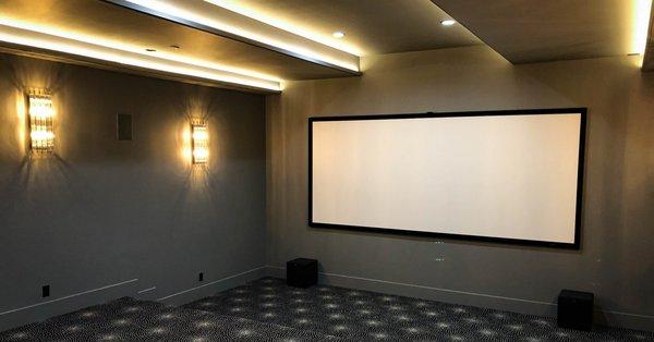 Cinemascope Home Theater by Reference Audio Video - Art Deco Theme with Speakers Behind the Screen - Klipsch and B&W Speakers