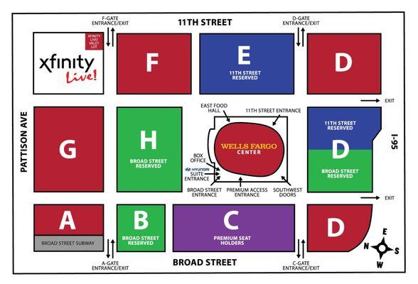 2024 parking map for Philadelphia 76ers home games at Wells Fargo Center. Buy in advance with Ticketmaster or SpotHero.