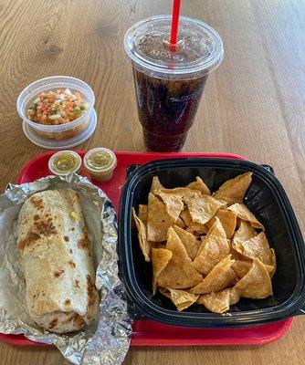 Burrito with Pescado Frito (fish), chips & salsa, and a drink, $12.82, tax incl.