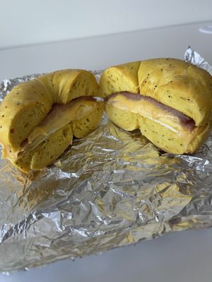 Pork roll egg and cheese on egg bagel