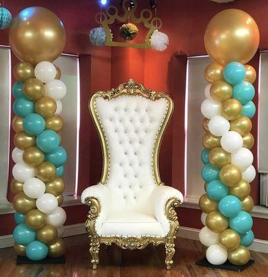 Beautiful Baby Shower set up with our Gold Throne Chair & Standard Balloon Columns for our client in West Philadelphia.