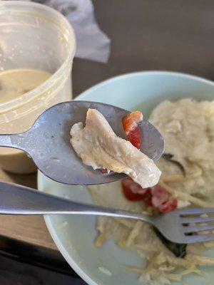 Green curry with 7 tiny slivers of chicken as shown on the pic, for $15.