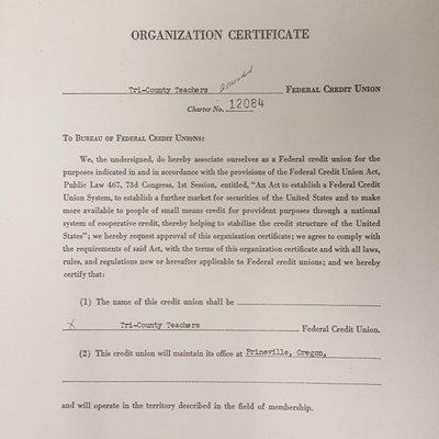 Mid Oregon (Tri County Teachers Federal Credit Union) Organization Certificate -1957 in Prineville