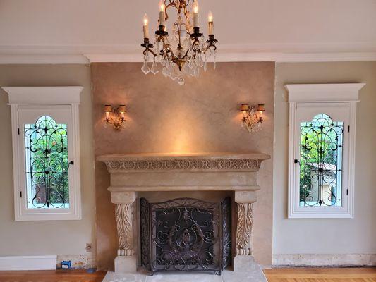 Venetian Plaster over fire place, Trim & Crown Molding