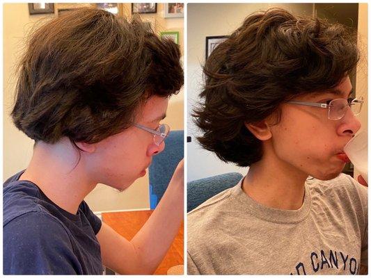 Botched haircut from Swarthy's on left and natural hair on right.