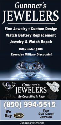 Gunner's Gulf Coast Jewelers & Gifts
4375 Fifth Ave
Pace, FL 850-994-5515