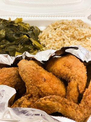 Fried chicken wings, greens & rice