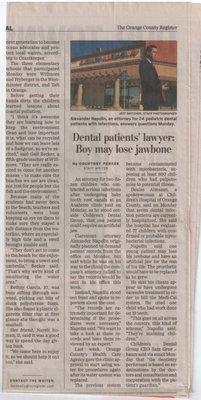 Newspaper article about minor client who lost jaw due to water contamination and improper medical procedures