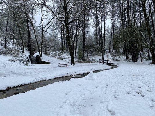 Snowy view with a creek