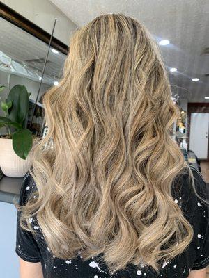 Balayage, haircut, Blowdry and curling.