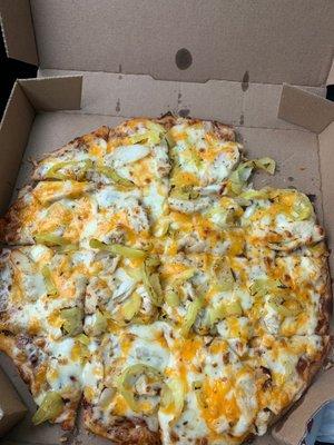 BBQ, Chicken, Onions, yellow peppers soooooooo goooood thin crust ..