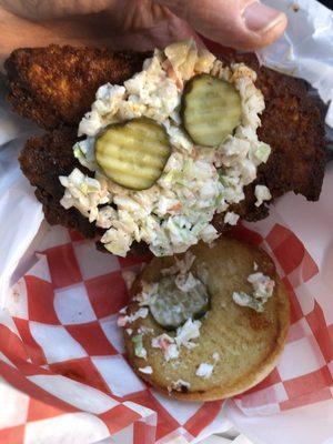 Natchez Hot Chicken - large deep fried breast meat layered with slaw and pickles.