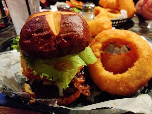 Cowboy Burger and onion rings.