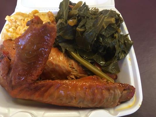 Turkey wings, collard greens, Mac and cheese.