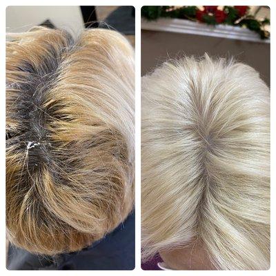 Before and after. We did a corrective color to get her to a gorgeous platinum blonde.