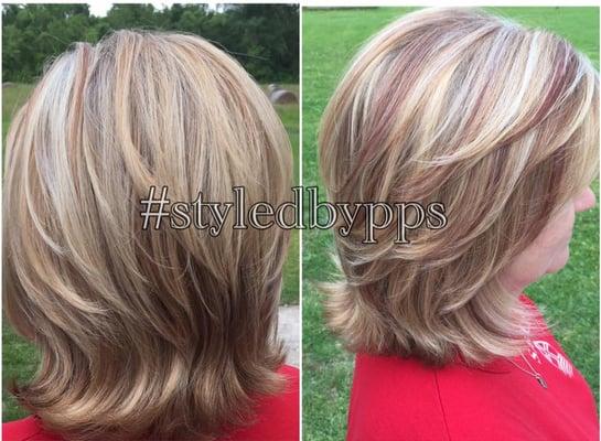 Fun chunky blonde highlights and bold lowlights on a modified shag!