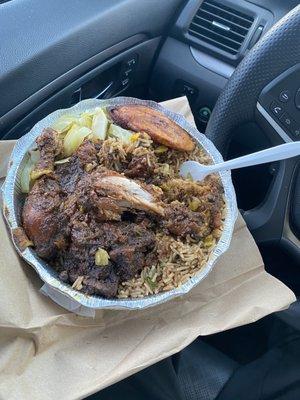 Brown Stew Chicken  w/ Vegetable fried rice, cabbage and sweet plantain.