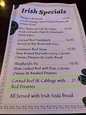 Saint Patty's day menu