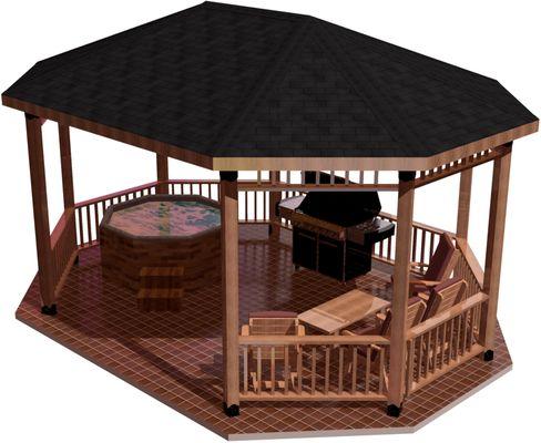 6x6 Linear Octagon Pavillion with hottub, grill, and seating area