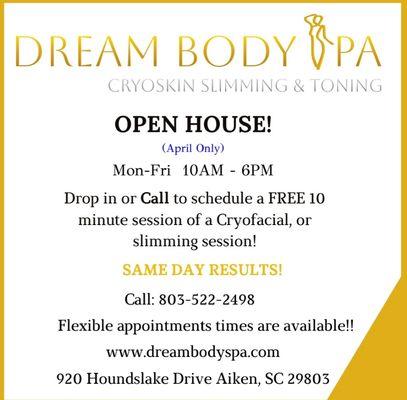 This is a Grand Opening! Great specials to reverse aging and fat removal! Amazing same day results! Call to schedule a time slot!