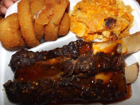 beef ribs, onion rings, mac n cheese