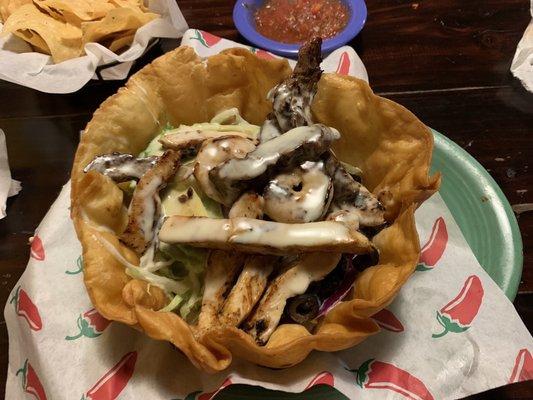 House Salad. Comes with shrimp, grilled chicken and steak