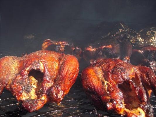 Smoked chickens in the smoker