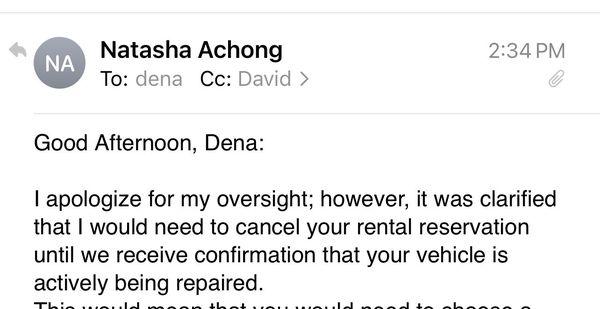 SGD adjuster Natasha Achong cancelling my previously reserved/promised rental SUV when I fly back next week from working in remote Alaska.