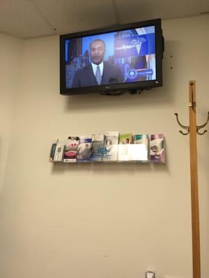 Standard pamphlets and medical news on the tv. Comfy chairs