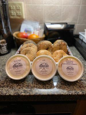 Bagel assortment with their signature cream cheeses. These cream cheeses were amazing!