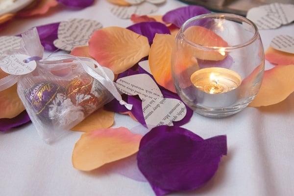 We provided the petals, paper hearts (from Harry Potter!), and the favors. Receptions staff set it all up for us.