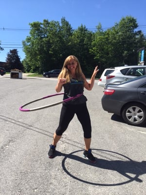 Hooping with Cheryl!  Weighted hoops and a creative instructor get the job done!