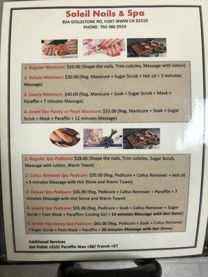 Manicure and Pedicure Service options and prices as of grand opening. Today is 5/13/2021.