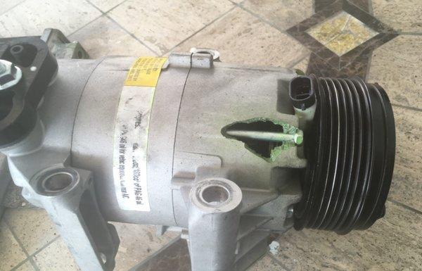 Here is the air conditioning compressor that blew up in the Chevy Malibu. The compressor was clearly defective.