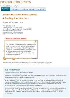 A roofing Specialist is not BBB accredited, they also have a BBB 'F' rating.