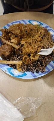 Chicken adobo, pancit and congri (rice and beans)