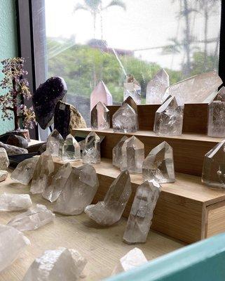 Clear Quartz Crystals glowing in our Kona, Hawaii store.