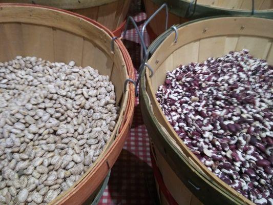 Large selection of dried beans, peas and lentils.