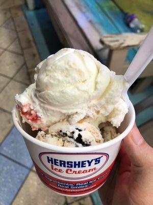 Strawberry cheesecake on top and pb cookies and creme on bottom