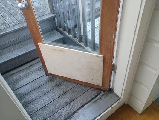 Rotting Ext. Doug Fir Door Frame gets a temporary "kick-plate" until the rainy season ends. We'll replace it in the spring.